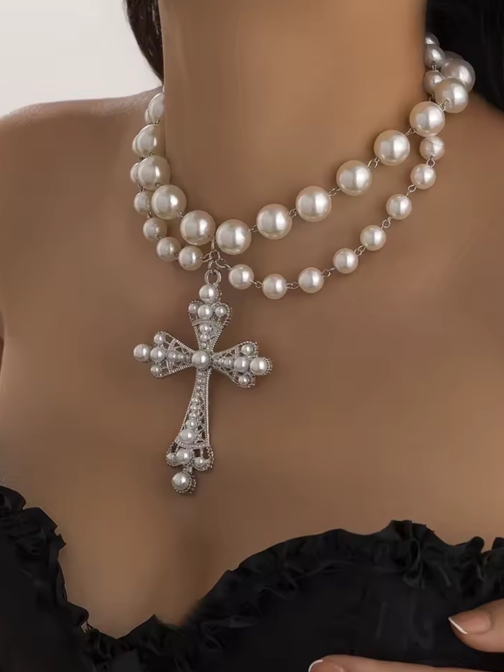 Pearl Layered Cross Pendant Necklace